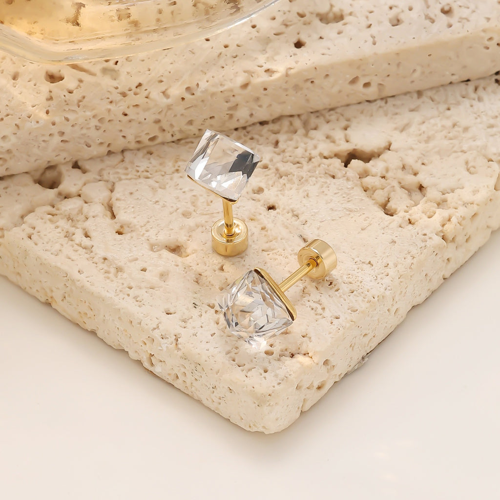 Geometric Zirconia Screw Stud Earrings — 304 Stainless Steel Gold Plated