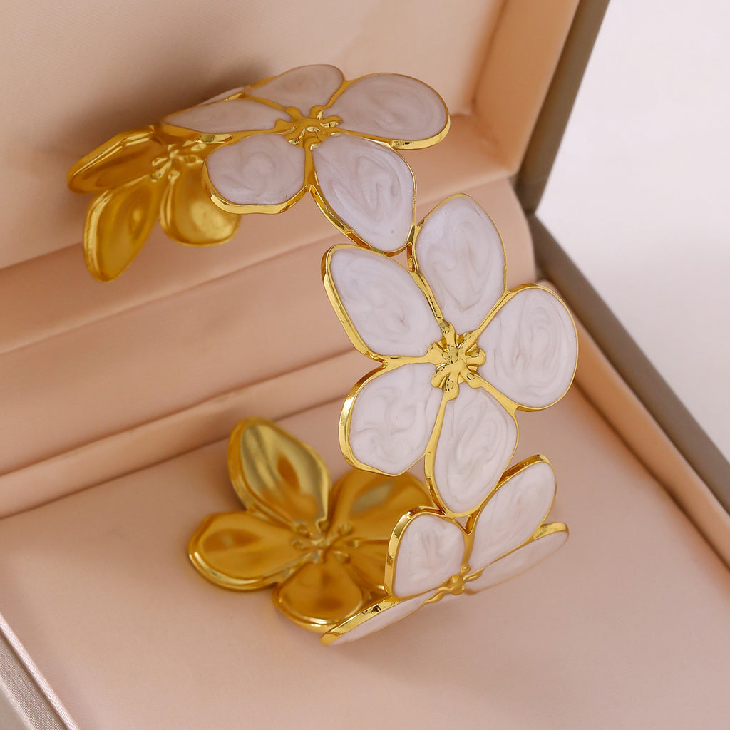 Five-Leaf Flower Enamel C-Shape Open Bangle — 304 Stainless Steel