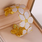Five-Leaf Flower Enamel C-Shape Open Bangle — 304 Stainless Steel