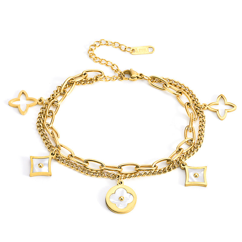 Four-Leaf Clover White Shell Bracelet — 18K Gold Plated Titanium Steel