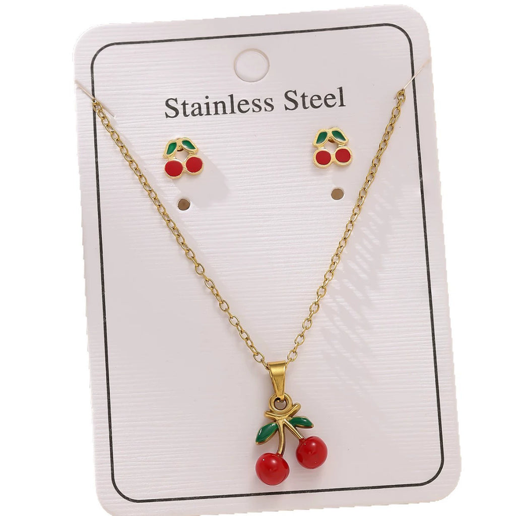 Cherry O-Chain Pendant Choker Necklace & Earrings Set — 18K Gold Plated Stainless Steel