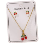 Cherry O-Chain Pendant Choker Necklace & Earrings Set — 18K Gold Plated Stainless Steel