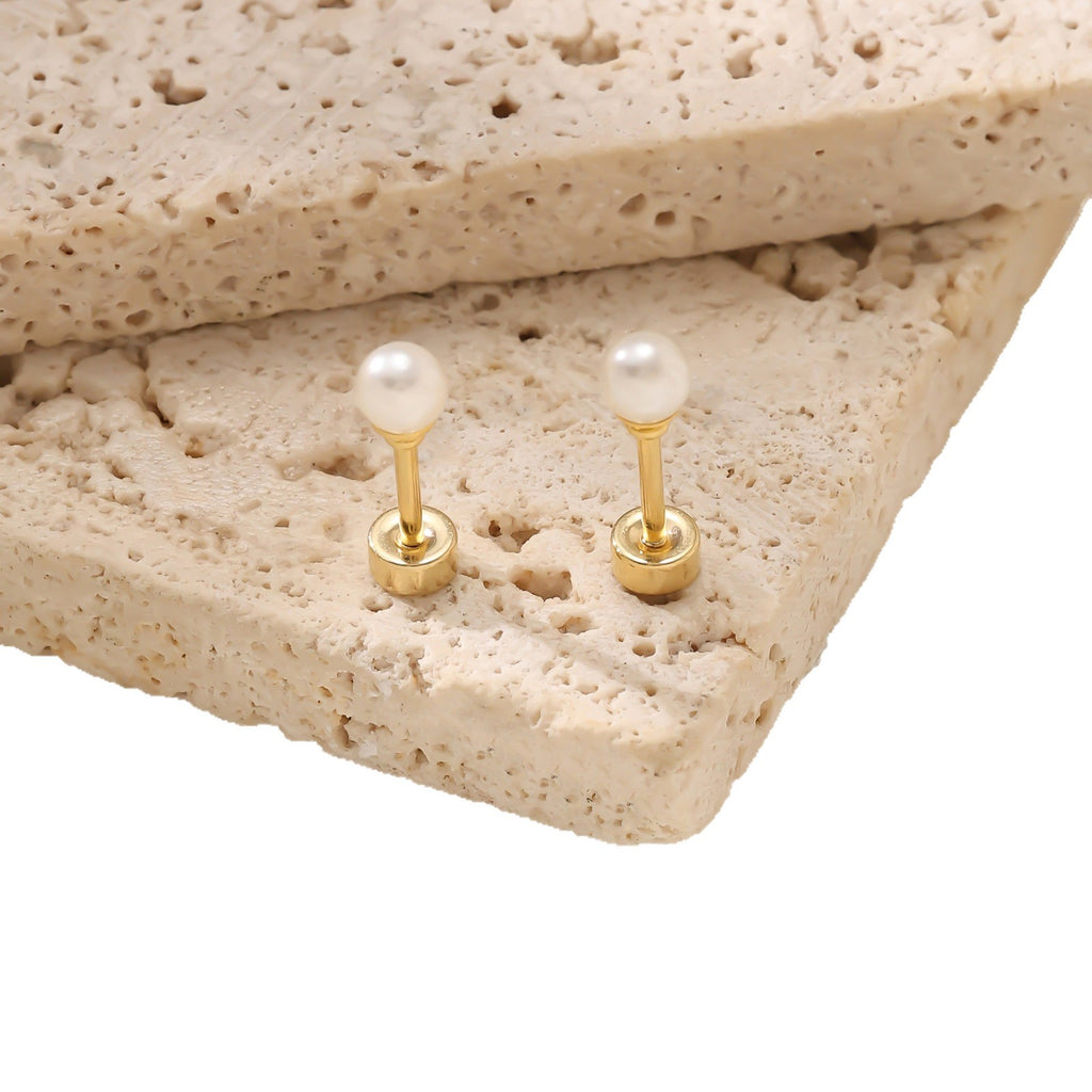 Mini Pearl Screw 304 Stainless Steel Stud Earrings — Real Gold Plated