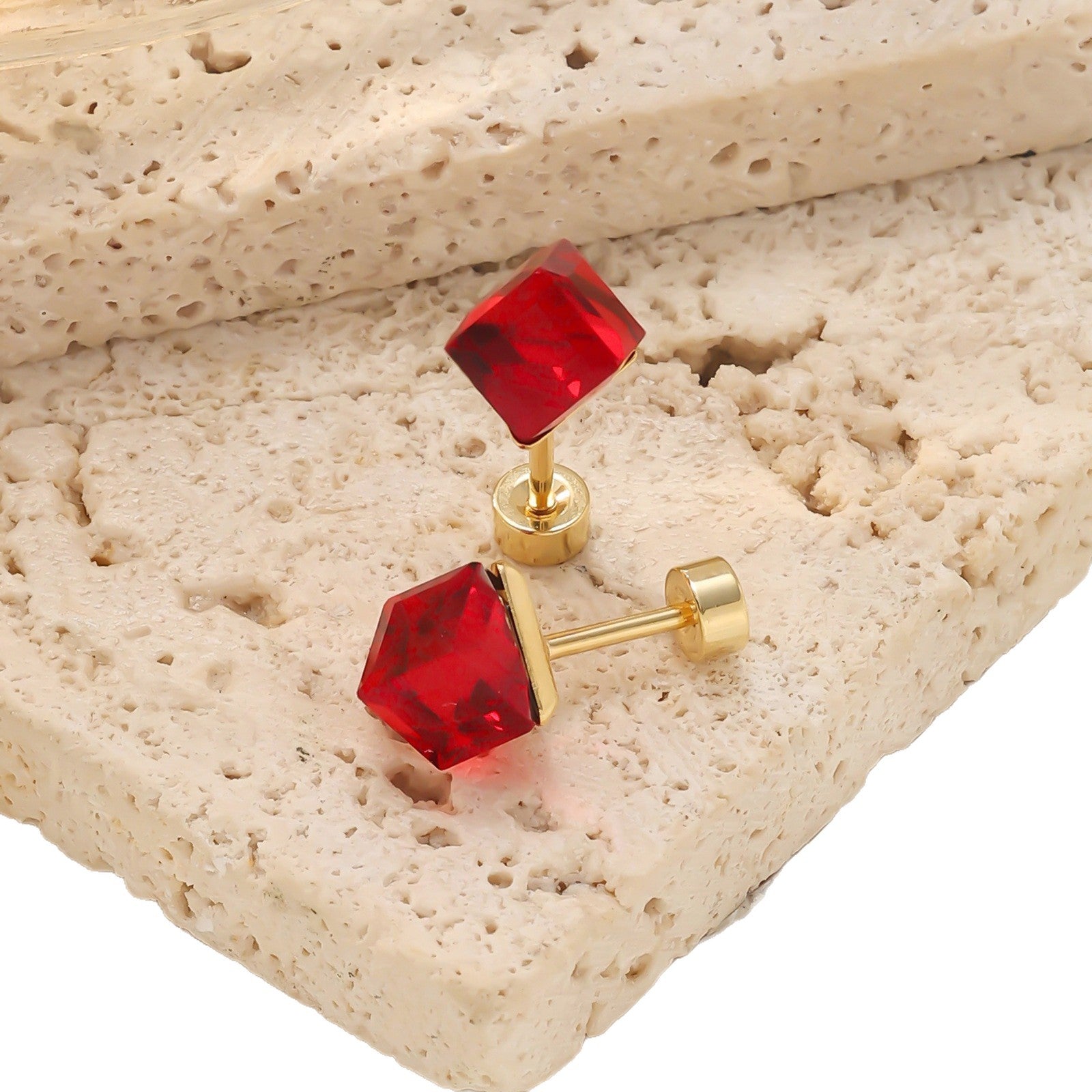 Geometric Zirconia Screw Stud Earrings — 304 Stainless Steel Gold Plated