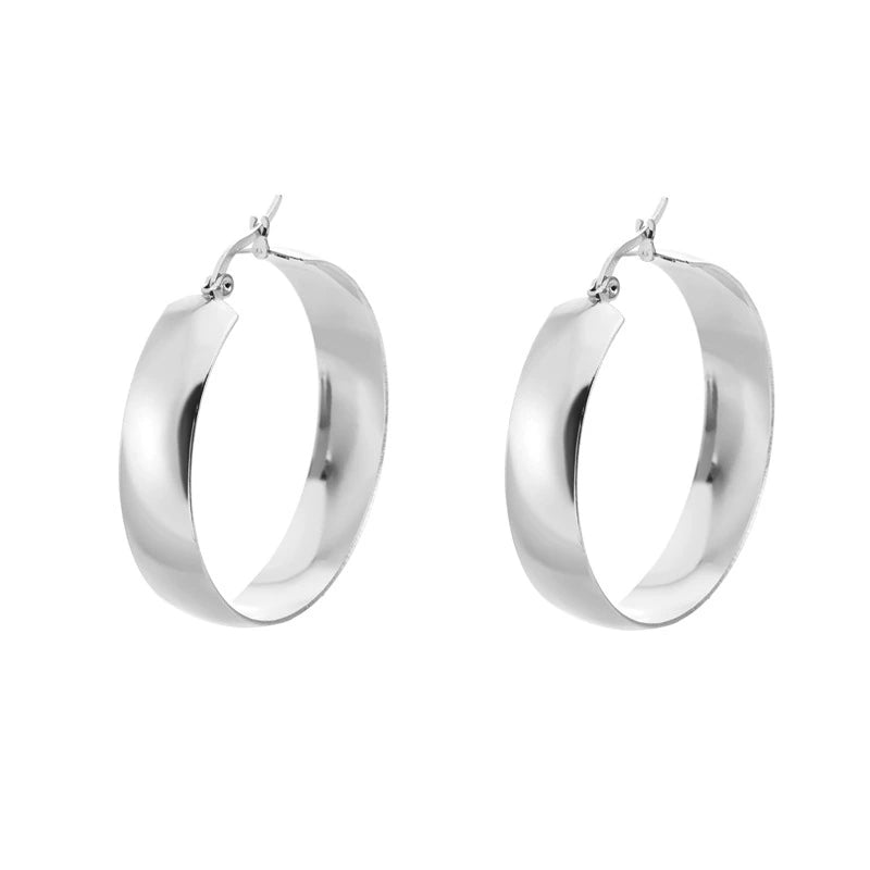 Round Minimalist Stainless Steel Earrings — Polished Wide Arc Metal Earrings