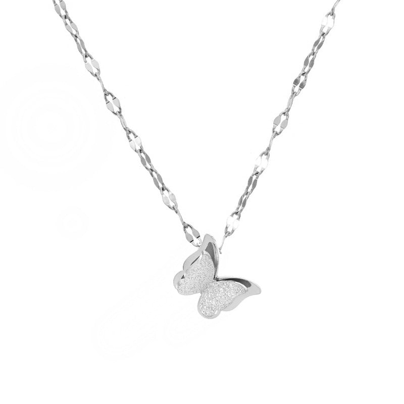 Double-Layer Butterfly Clavicle Necklace — Matte Titanium Steel