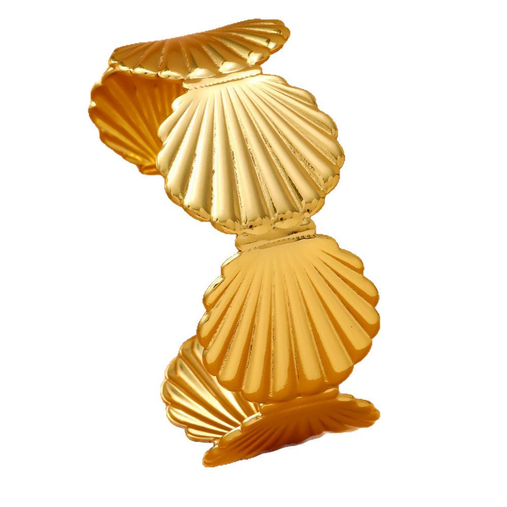 Flower Scallop Irregular Stainless Steel Open Bangle — Polished Striped Design