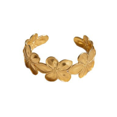 Five-Leaf Flower Enamel C-Shape Open Bangle — 304 Stainless Steel