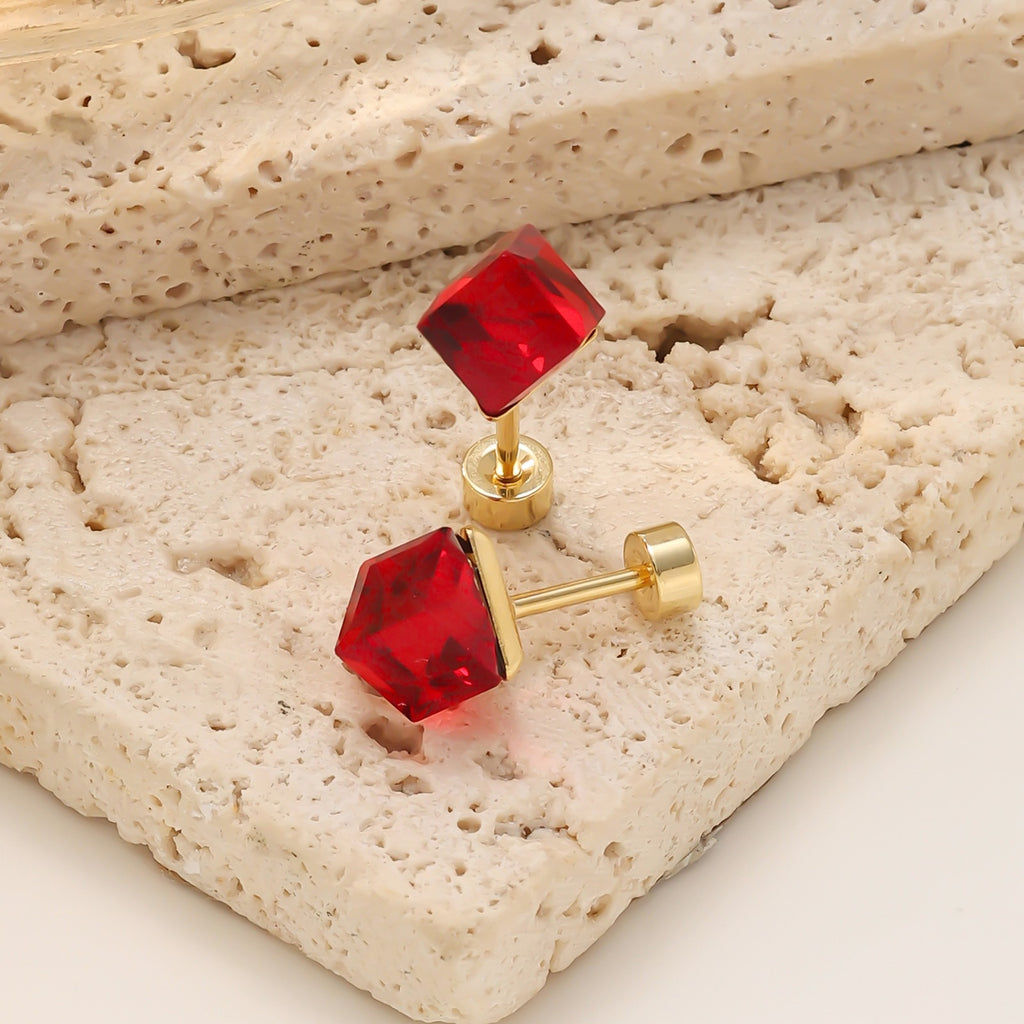 Geometric Zirconia Screw Stud Earrings — 304 Stainless Steel Gold Plated