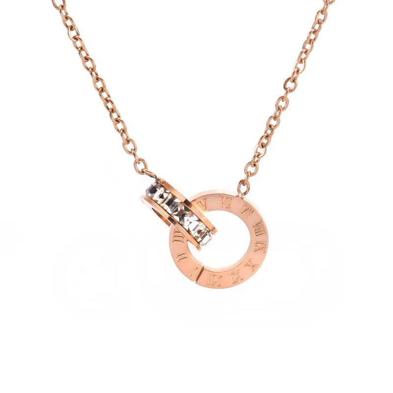 Roman Numerals Double Ring Rhinestone Necklace & Bracelet & Earrings Set — Titanium Steel