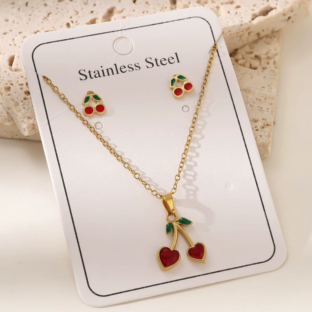 Cherry O-Chain Pendant Choker Necklace & Earrings Set — 18K Gold Plated Stainless Steel