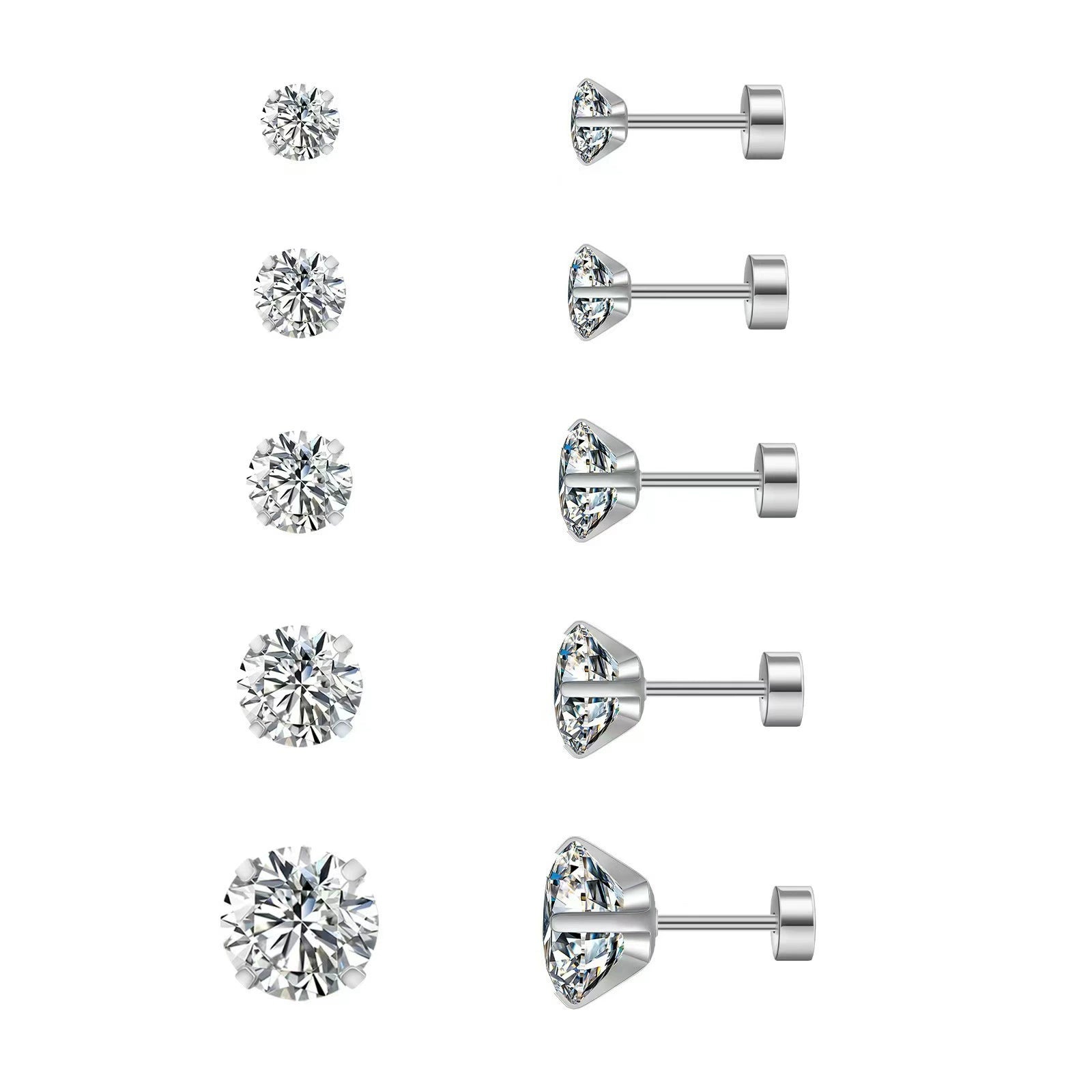 4-Prong Zirconia Stud Earrings — Titanium Steel Spiral Round Ear Cuff