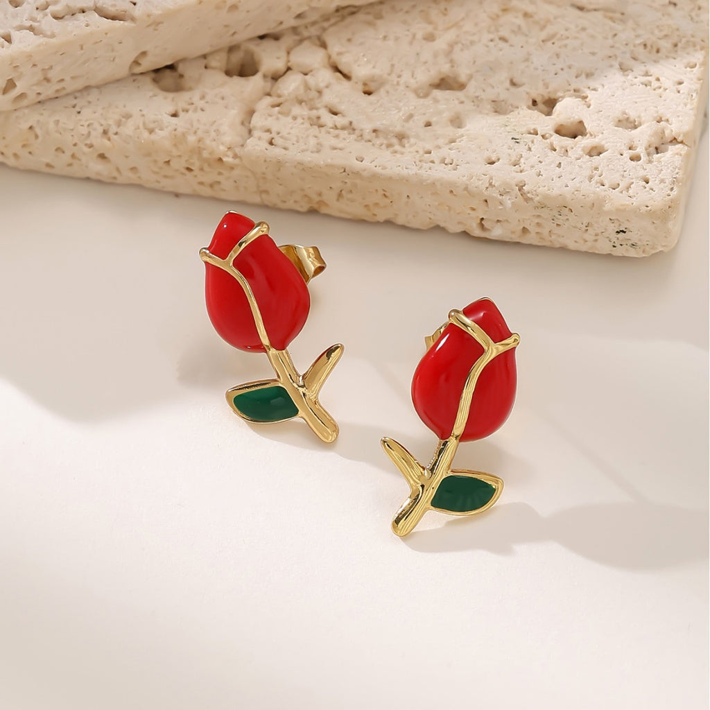 Rose Flower Enamel Stud Earrings — 304 Stainless Steel