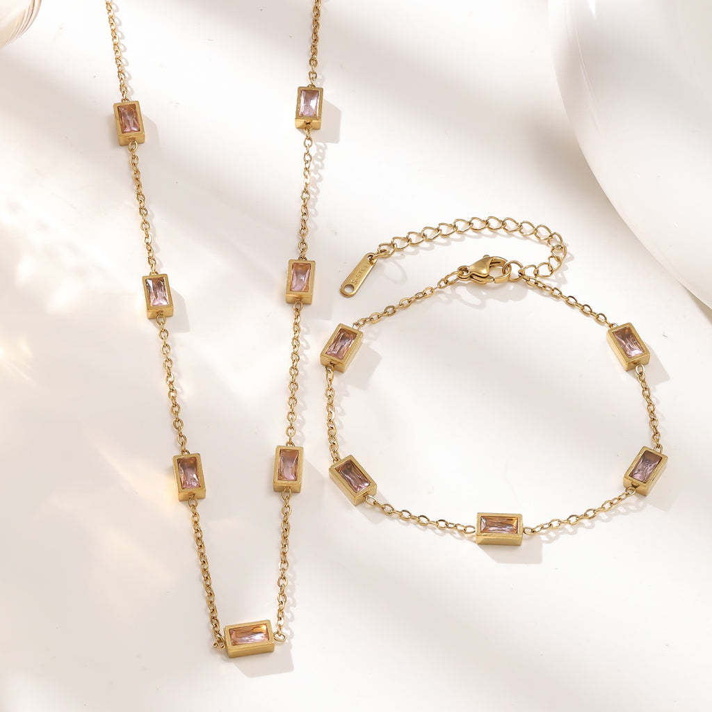 Geometric Rectangle Zirconia 304 Stainless Steel Jewelry Set — Retro Choker Style