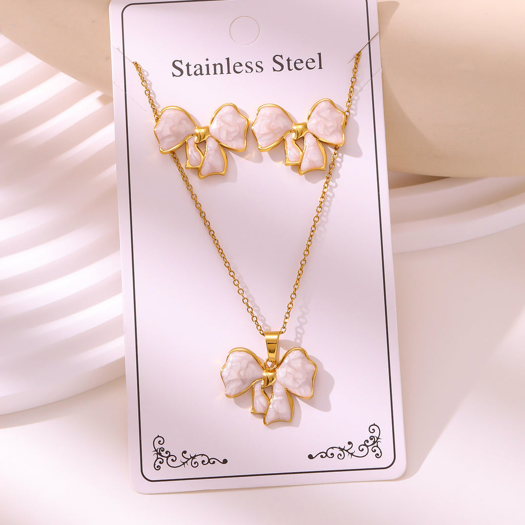 Enamel Stud Earrings & Necklace Set — 304 Stainless Steel Gold Plated