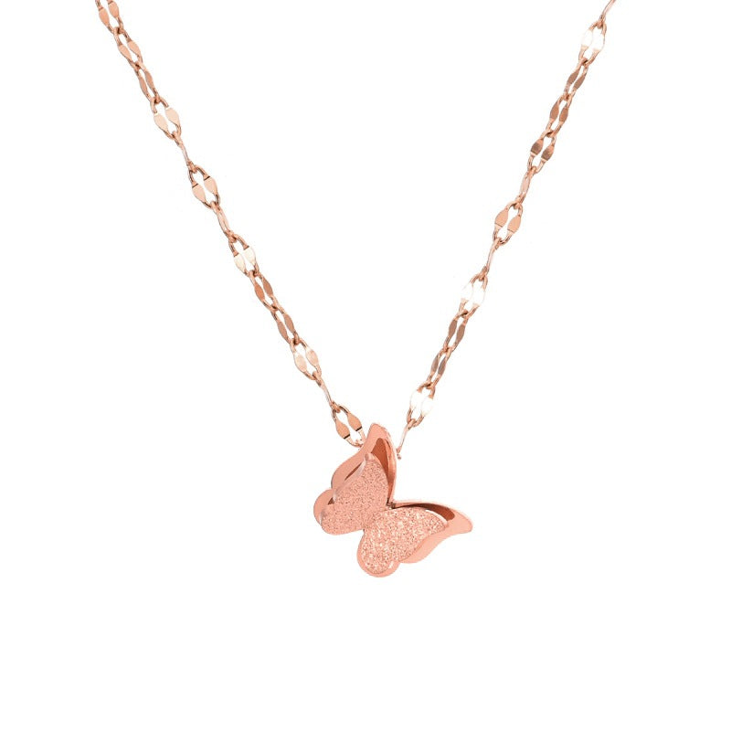 Double-Layer Butterfly Clavicle Necklace — Matte Titanium Steel