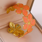 Five-Leaf Flower Enamel C-Shape Open Bangle — 304 Stainless Steel