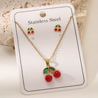 Cherry O-Chain Pendant Choker Necklace & Earrings Set — 18K Gold Plated Stainless Steel