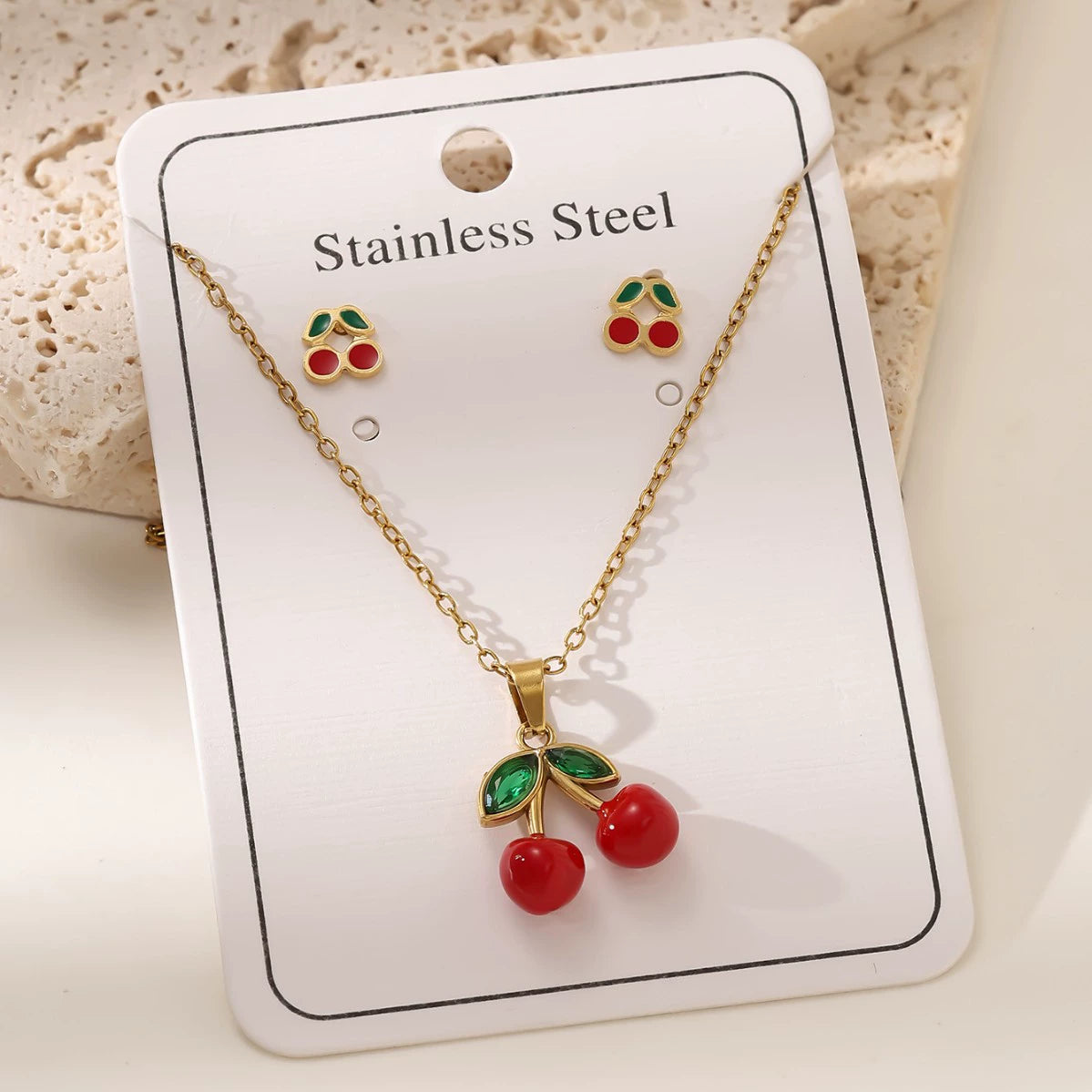 Cherry O-Chain Pendant Choker Necklace & Earrings Set — 18K Gold Plated Stainless Steel