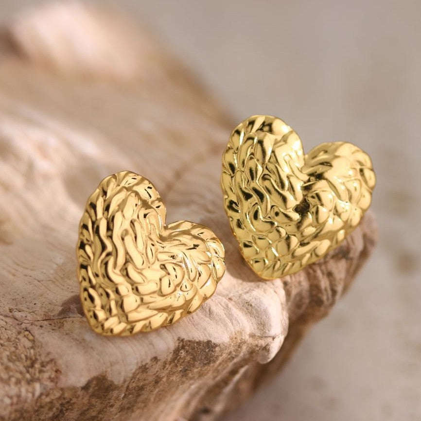 Heart Embossed Stud Earrings — 304 Stainless Steel Vintage