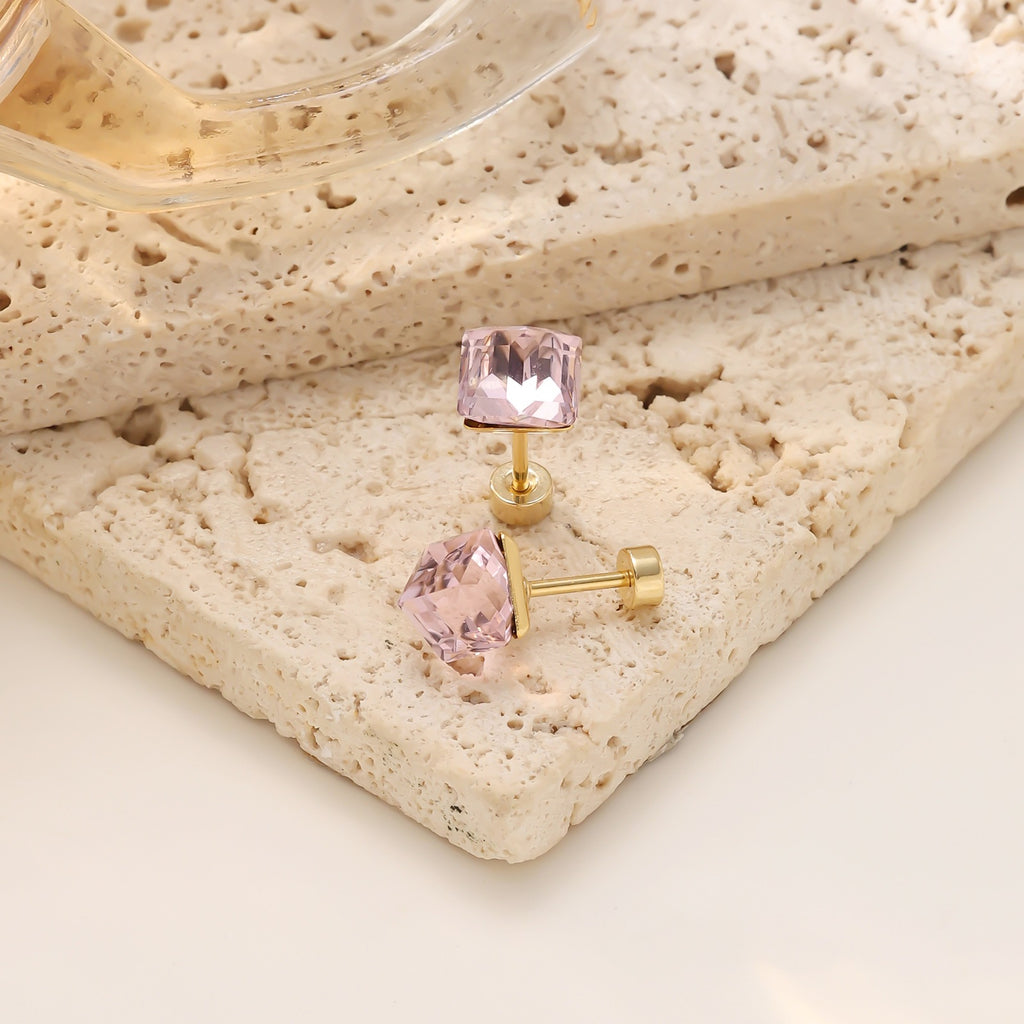 Geometric Zirconia Screw Stud Earrings — 304 Stainless Steel Gold Plated