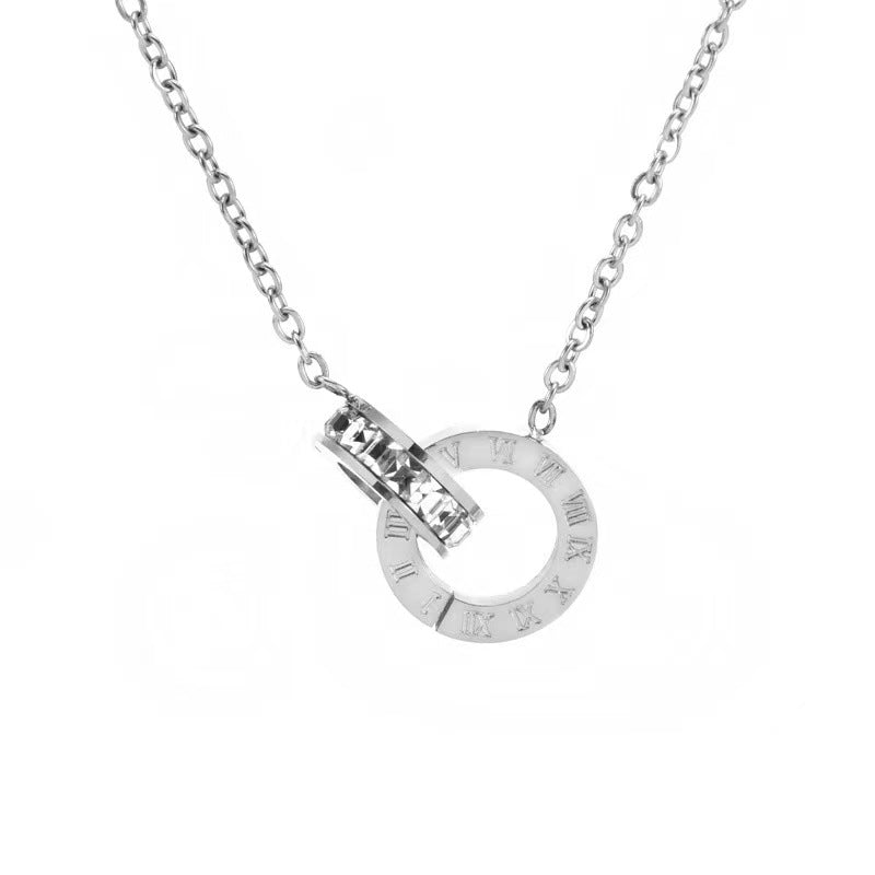 Roman Numerals Double Ring Rhinestone Necklace & Bracelet & Earrings Set — Titanium Steel