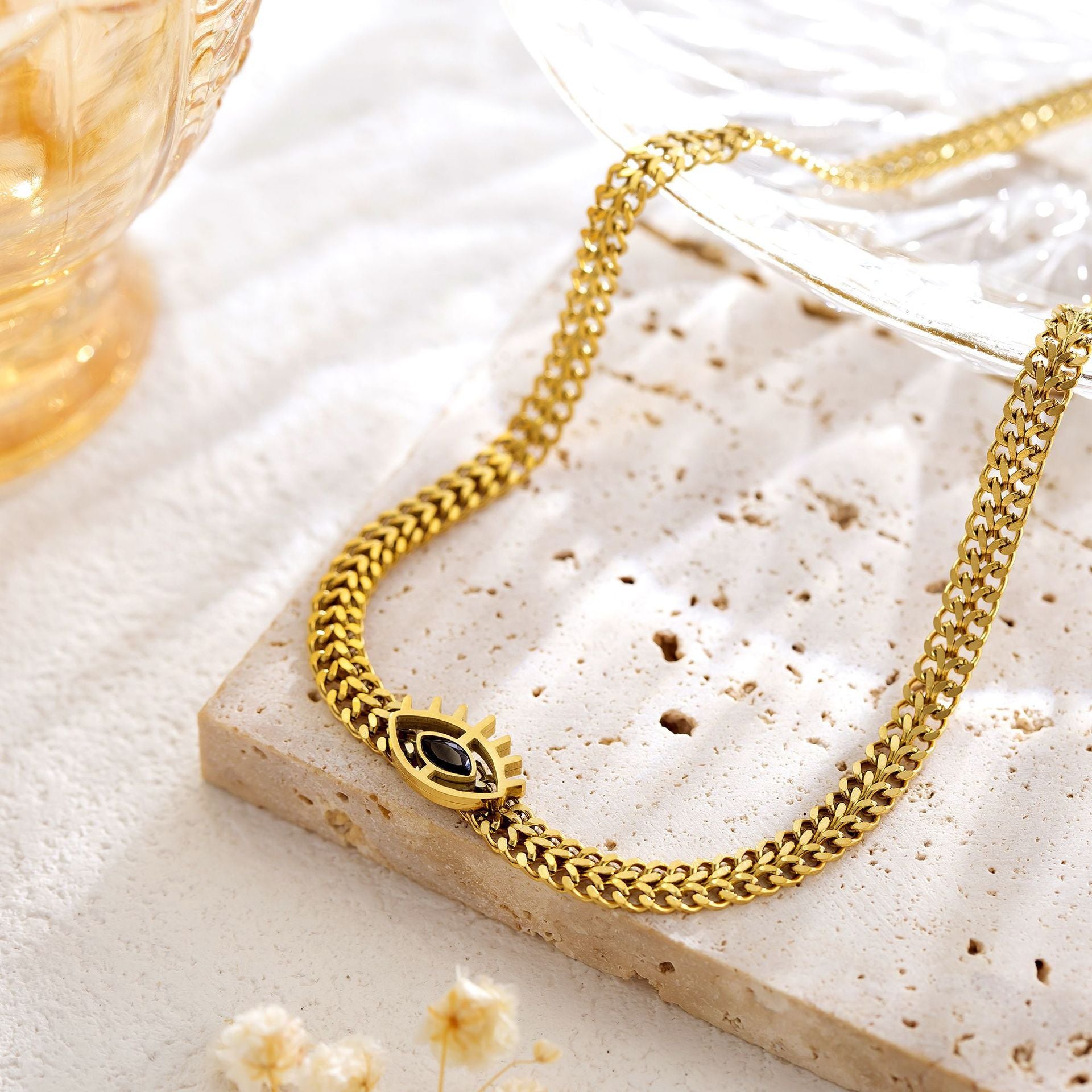 Gold Plated Evil Eye Bracelet & Necklace — Black Diamond Stainless Steel