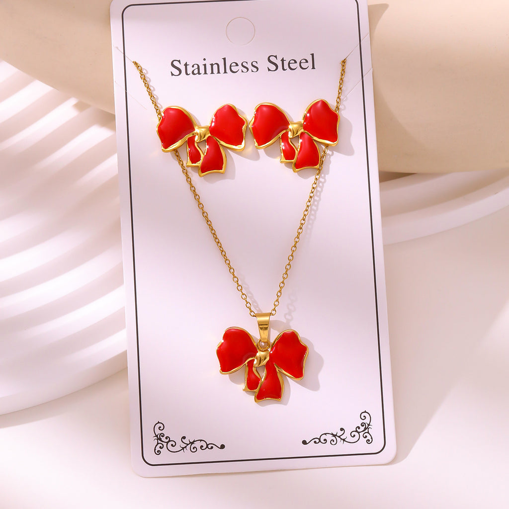 Enamel Stud Earrings & Necklace Set — 304 Stainless Steel Gold Plated