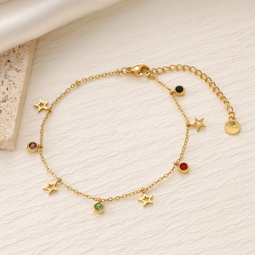 Colorful Zirconia Star Moon Heart Clover Bracelet — 18K Gold Plated Titanium Steel