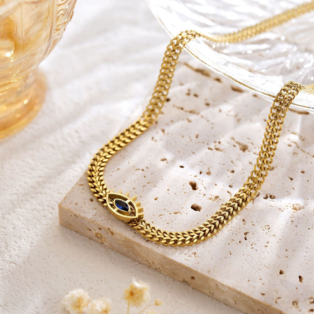 Gold Plated Evil Eye Bracelet & Necklace — Black Diamond Stainless Steel