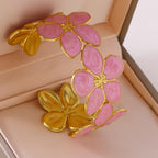 Five-Leaf Flower Enamel C-Shape Open Bangle — 304 Stainless Steel