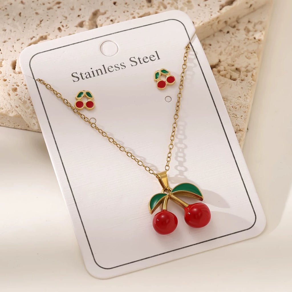 Cherry O-Chain Pendant Choker Necklace & Earrings Set — 18K Gold Plated Stainless Steel