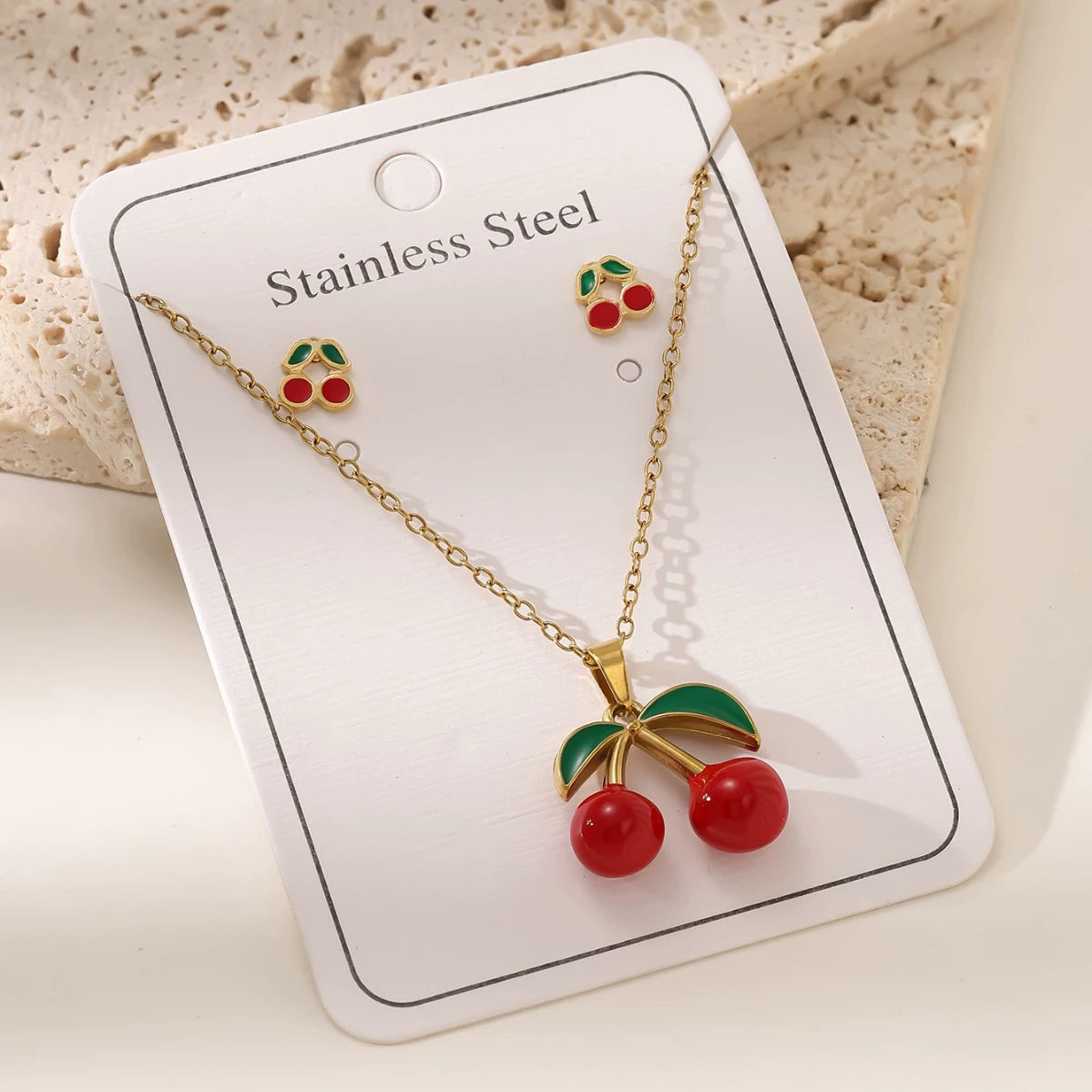 Cherry O-Chain Pendant Choker Necklace & Earrings Set — 18K Gold Plated Stainless Steel