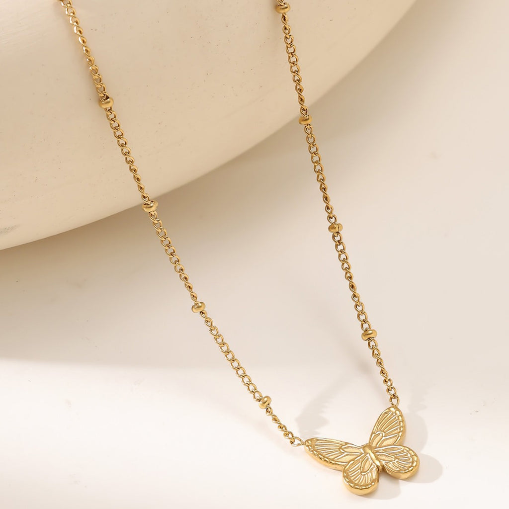 Butterfly Moon Pearl V-Chain Necklace — 18K Gold Plated Titanium Steel