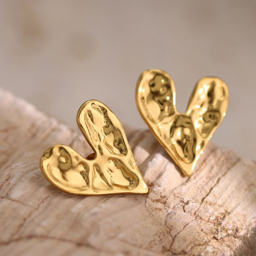 Heart Embossed Stud Earrings — 304 Stainless Steel Vintage