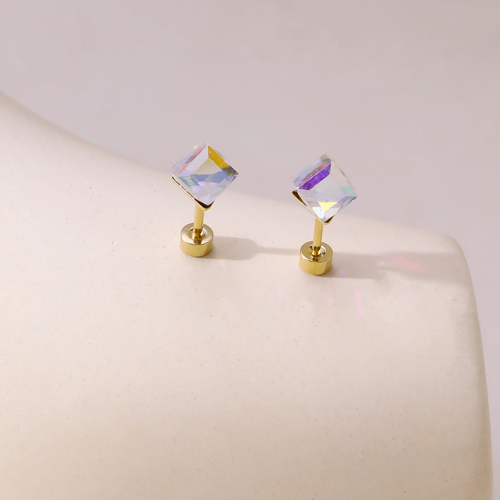 Geometric Zirconia Screw Stud Earrings — 304 Stainless Steel Gold Plated