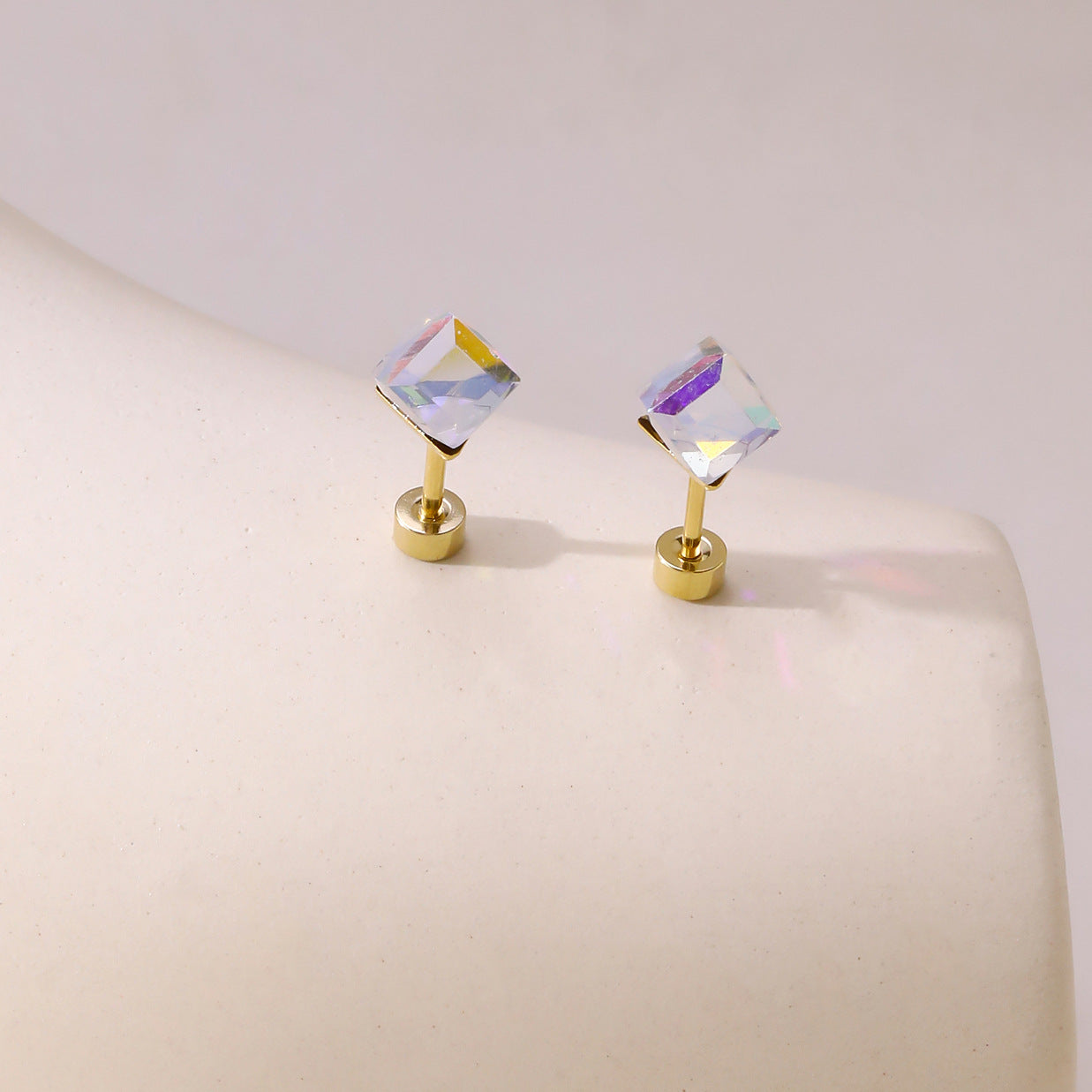 Geometric Zirconia Screw Stud Earrings — 304 Stainless Steel Gold Plated