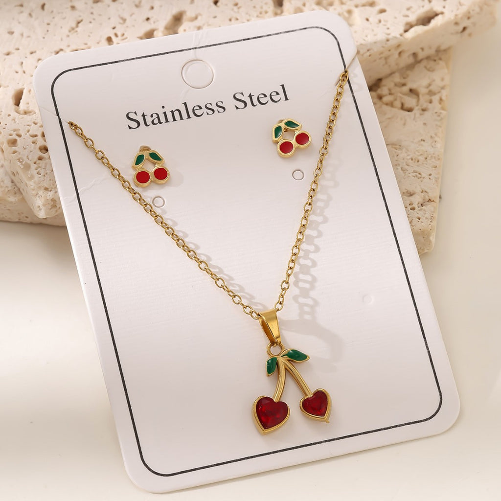 Cherry O-Chain Pendant Choker Necklace & Earrings Set — 18K Gold Plated Stainless Steel