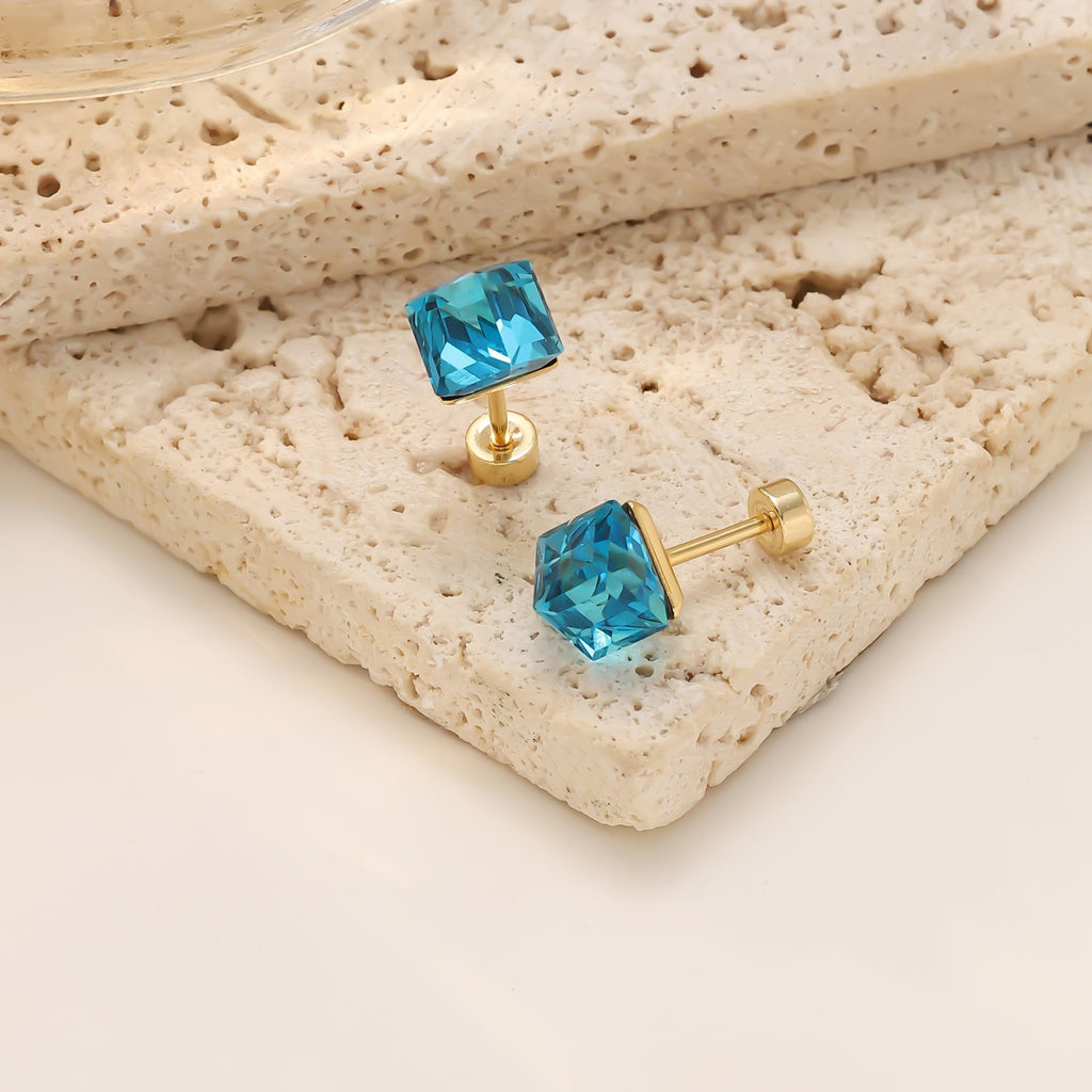 Geometric Zirconia Screw Stud Earrings — 304 Stainless Steel Gold Plated