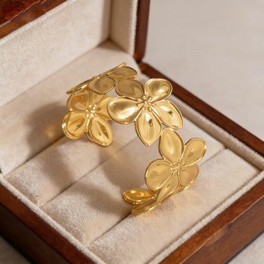 Five-Leaf Flower Enamel C-Shape Open Bangle — 304 Stainless Steel