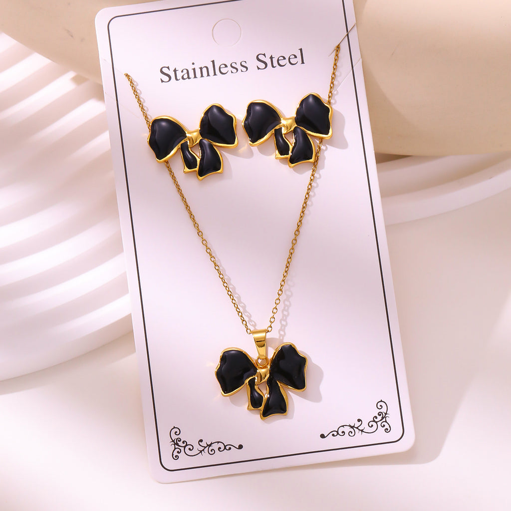 Enamel Stud Earrings & Necklace Set — 304 Stainless Steel Gold Plated