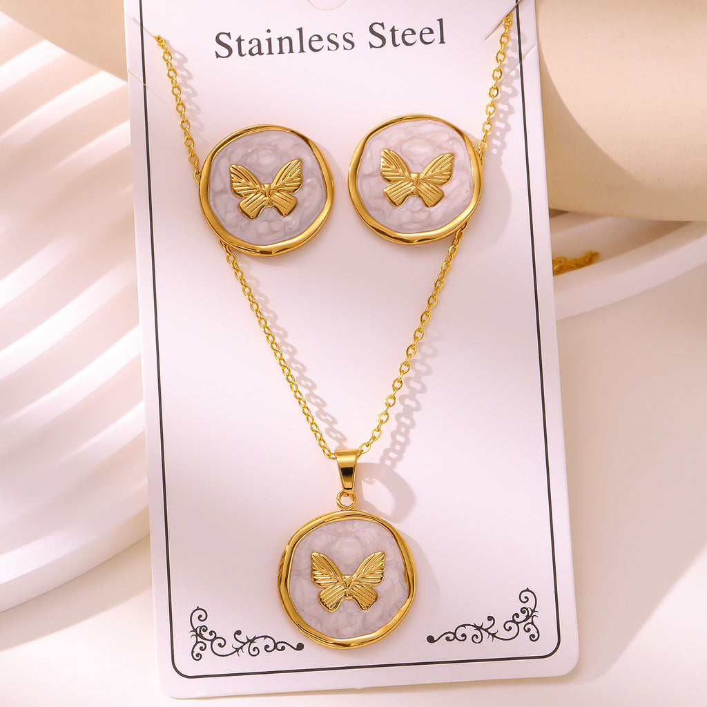 Enamel Stud Earrings & Necklace Set — 304 Stainless Steel Gold Plated