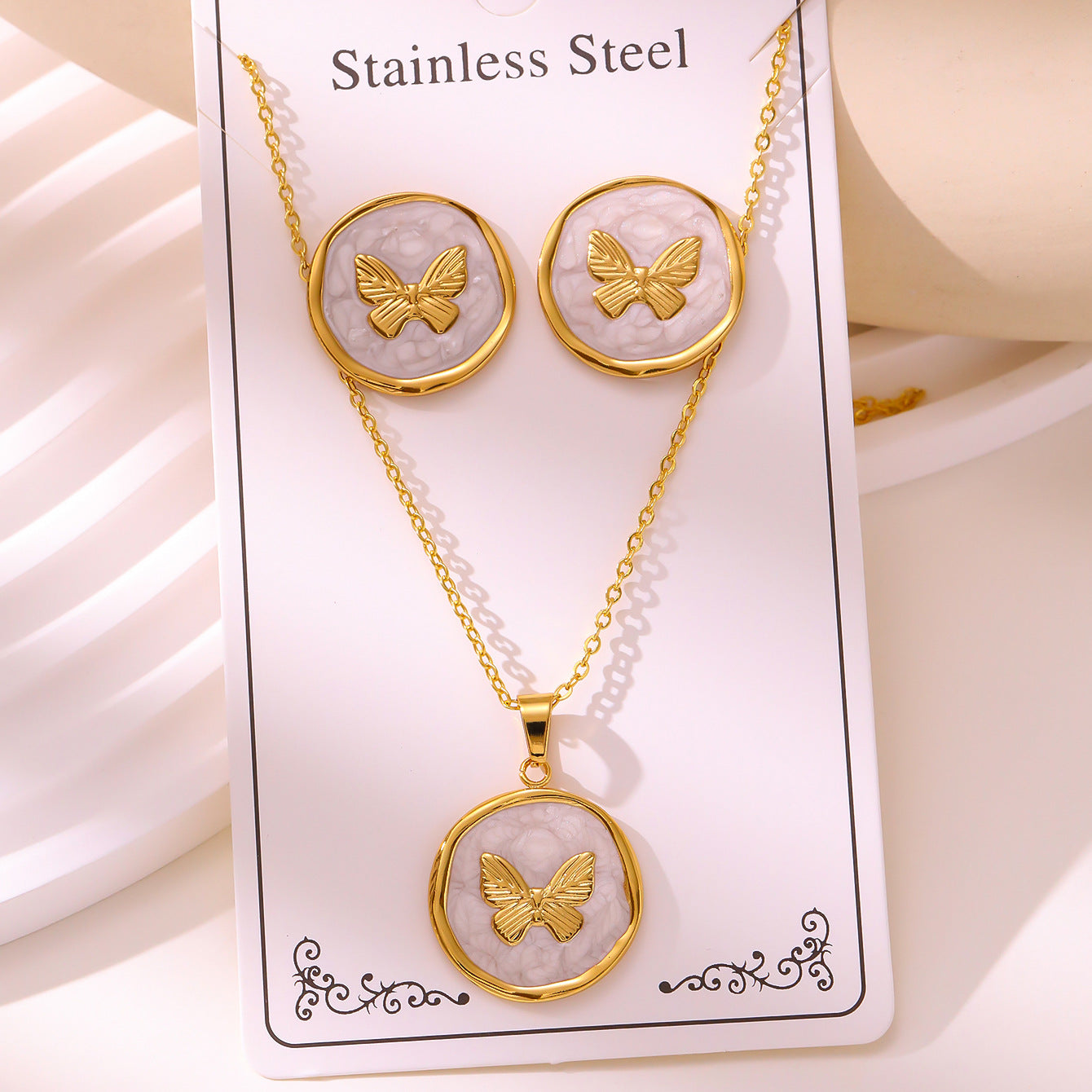Enamel Stud Earrings & Necklace Set — 304 Stainless Steel Gold Plated